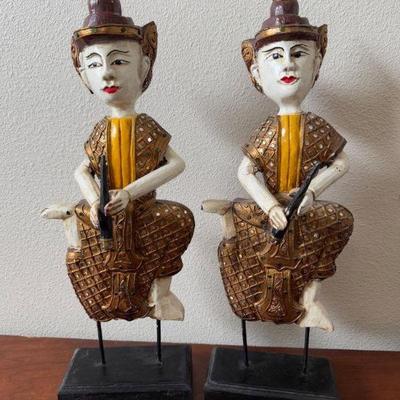 Pair of Traditional Thai Carved Wood Figures, Musicians w/ Instruments	