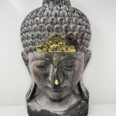 Very Large Vintage Carved Buddha Head Sculpture w/ Gold Accents	