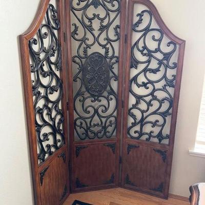 Ornate Metal & Wood Folding Privacy Screen/Room Divider	