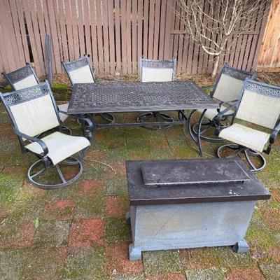 Outdoor Patio Dining Set w/ Fire Pit – Table & 6 Chairs	