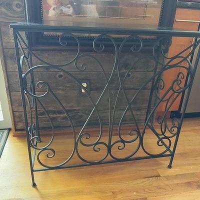 Black Metal Console Table w/ Scrollwork & Black Top	