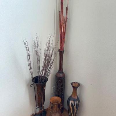 Tall Decorative Vase Collection w/ Branches – Mixed Materials & Styles	