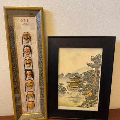 Korean Hahoe Mask Display & Japanese Kinkakuji Print	