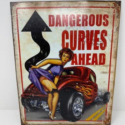 Legend Studio Metal Sign – "Dangerous Curves Ahead" (Made in USA)	