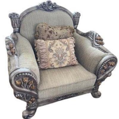 Baroque-Style Armchair – Rose Carved Wood, Silver & Gold Accents	