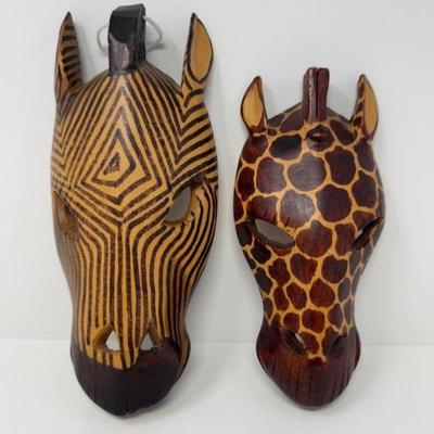 Safari-Themed Hand-Carved Wood Wall Hangings – Giraffe & Zebra Masks	
