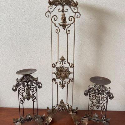 3 Ornate Metal Candle Holders – Vintage Scrollwork w/ Gold Accents	