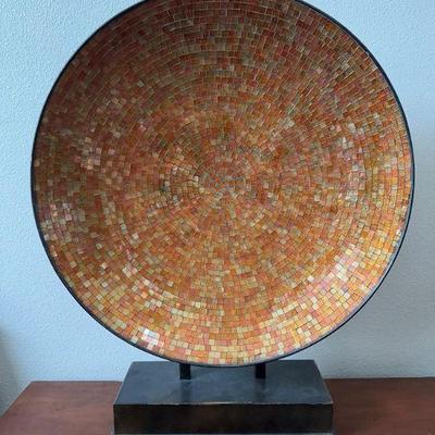 #1 Large Mosaic Glass Decorative Dish on Stand, Warm Amber & Gold Tone	