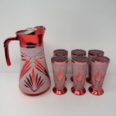 Red & Metallic Glitter Pitcher Set (Pitcher + 6 Glasses)	