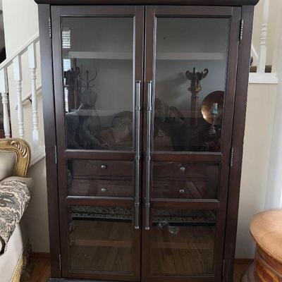 Dark Wood Glass Display Cabinet – Storage Shelves & Drawers	