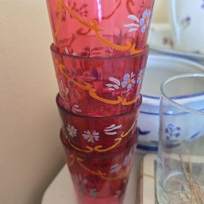 Cranberry hand painted glass set 6pcs.