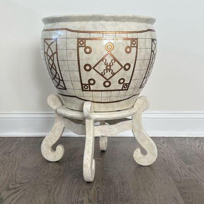 Planter on Stand | Large decorative faux bone planter on stand in glazed ceramic with gilt accented patterns, on a conforming scroll...