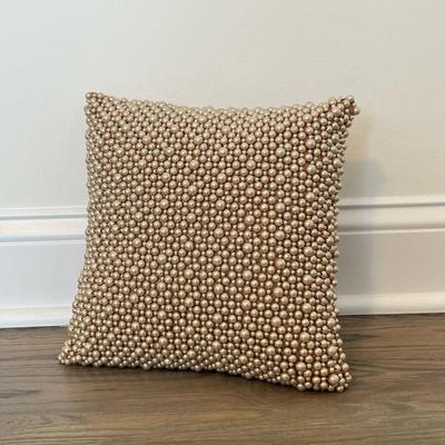 Faux Pearl Throw Pillow | Pink satin accent pillow with champagne toned faux pearls. - h. 11 x w. 11 in

