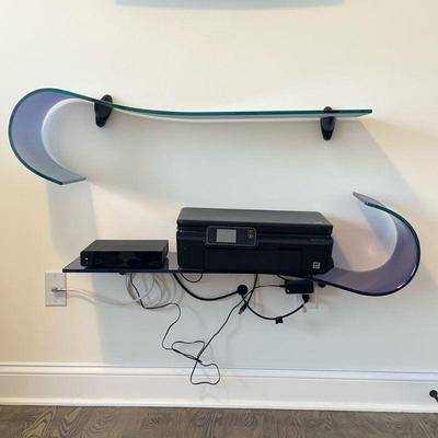 (2pc) Glass Wall Shelves | Two color glass wall shelves in blue and purple, can be displayed in multiple configurations; n.b. electronics...