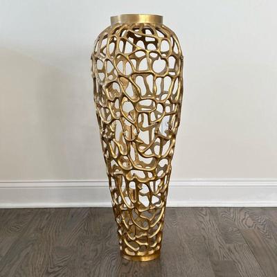 Decorative Floor Vase | Tall gold-colored decorative floor vase of abstract modern design. - h. 33.25 x dia. 13.5 in

