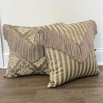 (2pc) Pair Beige Tassel Throw Pillows | Stratford Home reversible accent pillows with striped and leafy pattern and tassels. - h. 16.5 x...