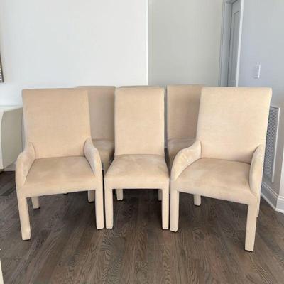 (6pc) dining chairs | Designs for Living by Gil Interior Design dining chairs, overall upholstered in beige ultra suede, including two...