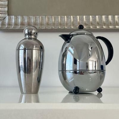 (2pc) Coffee Pot & Cocktail Shaker | Stainless steel chrome cocktail shaker and coffee pot. - h. 9.5 x w. 8.5 in (Coffee pot)

