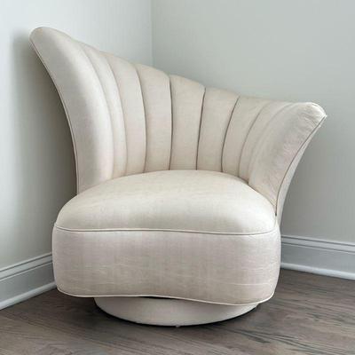 Art Deco Lounge Chair | Vladimir Kagan style fan back chair on a swiveling base, in light cream colored upholstery. - h. 37.5 x w. 40 x...