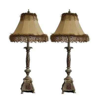(2pc) Pair Table Lamps | Antique style candlestick-form table lamps with fringed shades. - h. 34 x dia. 16 in (overall with shade)

