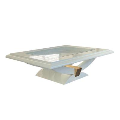GLASS INSET COFFEE TABLE | Faux marble and gold accented low table of contemporary modern design, having a glass inset top over a gilt...