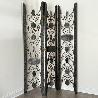 Contemporary Art Floor Screen | Three panel room divider in an abstract style, executed in carved painted wood and metals; each panel w....
