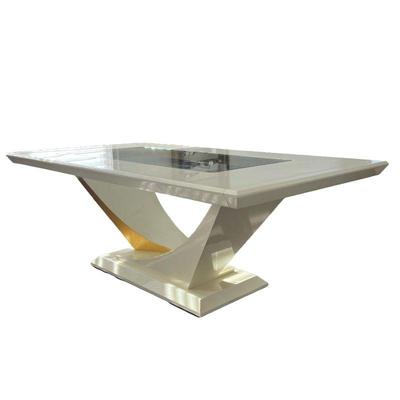 CONTEMPORARY DINING TABLE | Faux marble style modern dining table with inset glass top over a sculptural base with curve and block form...