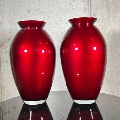 Pair Crate & Barrel Vases | Two large "Red Velvet" vases by Crate & Barrel, made in Italy. - h. 14 1/2 x dia. 5 in...