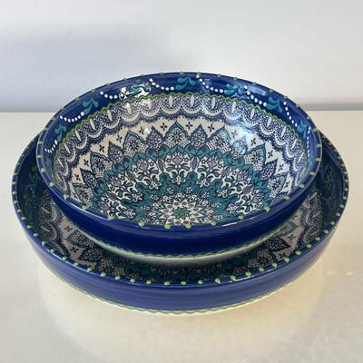 (2pc) Pair Rio Salado Dishes | Two hand painted ceramic serving bowls with blue, green, and white design by Rio Salado. - h. 3.25 x dia....