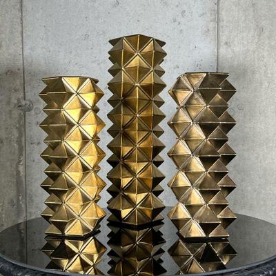 (3pc) Z Gallerie Vases | A set of three geometric accent vases with triangular pattern in gold paint. - h. 16.5 x w. 6 x d. 6 in (tallest)

