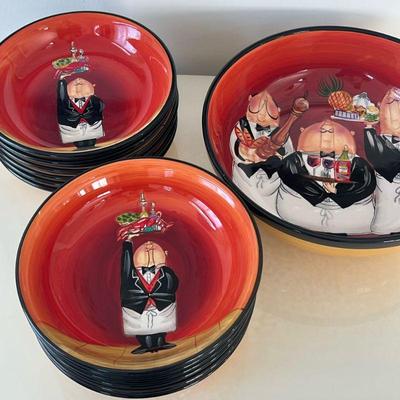 (13pc) Pasta Dish Set | Glazed ceramic dinnerware set, including 12 pasta bowls and a large serving bowl with waiter motif; Certified...