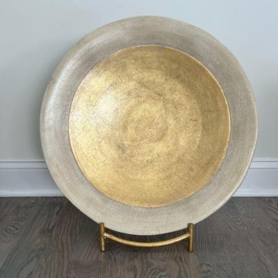 Decorative Charger | Cracked ice ceramic charger with gilt center, on a gold-toned curved stand - dia. 23.25 in

