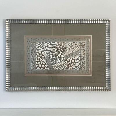 Framed Contemporary Artwork | Large format mixed media/print collage with overlaid patterns, signed lower left, "Allen Fa..." -...