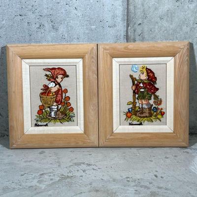 (2pc) Pair Hummel Needlepoints | Vintage Hummel needle point embroideries of a girl and boy, in wooden frames; sight: 7 1/4 x 5 1/2 - h....