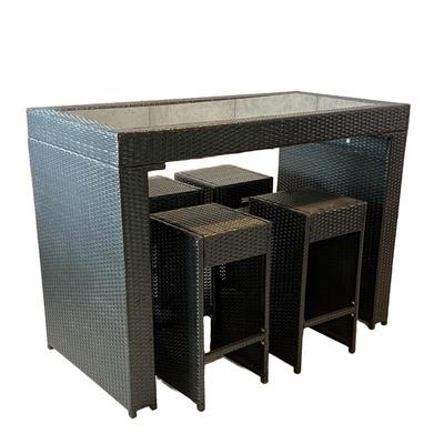 (5pc) Safavieh Patio Bar & Stools | Outdoor patio furniture, including a tall pub table or dining table and four bar stools, with...