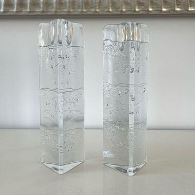 (2pc) Pair Glass Candleholders | Triangular form bubble glass candlestick holders. - h. 9 x w. 2.75 in

