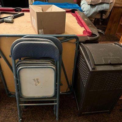 #3532 • 3 Folding Chairs Folding Table and Laundry Basket

