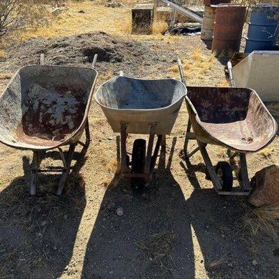 #5204 • 3 Metal Wheel Barrels one is missing its Wheel

