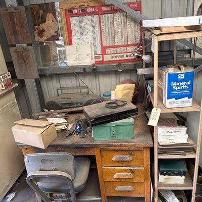 #1028 • Desk & Chair, Metal Shelf, Yard Stick
