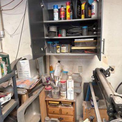 #1060 • Metal Wall Cabinet, Stainless Steel Sink, Brake Fluid, Nails, Wire
