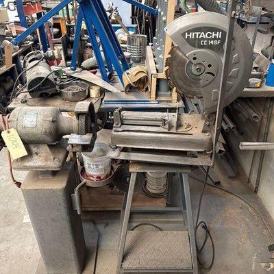 #1044 • Milwaukee Bench Grinder on Stand and Hitachi Miter Saw with Base
