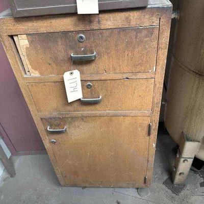 #1174 • Wooden Cabinet, Calipers, Paint Spray Gun, Master Locks, and Drill Bits
