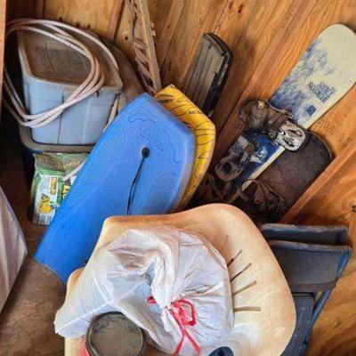 Sale Photo Thumbnail #114: #2418 • Boogie Boards, Chairs, Snow Boards, Rifle Case and 2 Totes of Decorations
