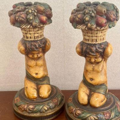 (2) Vintage Armor Bronze Company New York Cherub Candlesticks Fruit Basket MCM
