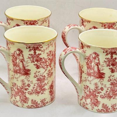 (4) Gold Trimmed Pink & Cream Floral Porcelain Mugs
