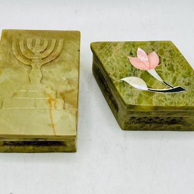 (2) Carved Stone Trinket Boxes, Judaica & Floral
