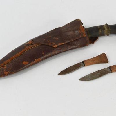 AntiqueNepalese Kukri Knife With Sheath & 2 Chakmak Knives