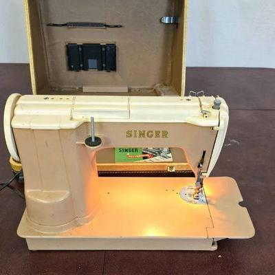 Lot #2 1950's Vintage Singer Sewing Machine 301A Long Board With Automatic Zig Zagger & Carrying Case - Turns on, Untested
