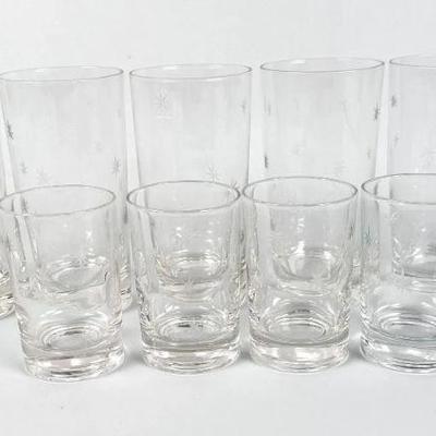 Lot #114 Vintage Etched Atomic Starburst Glasses - 6 large, 4 small - Mid Century Barware
