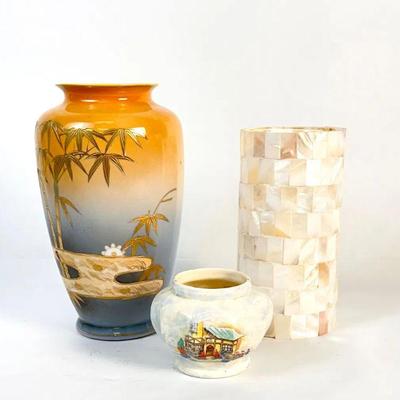 Lot #29 Vintage MCM Japanese Porcelain Vase Mt Fuji Gold Enameled Accents, Mother of Pearl Shell Vase, Lancaster Bowl/P

